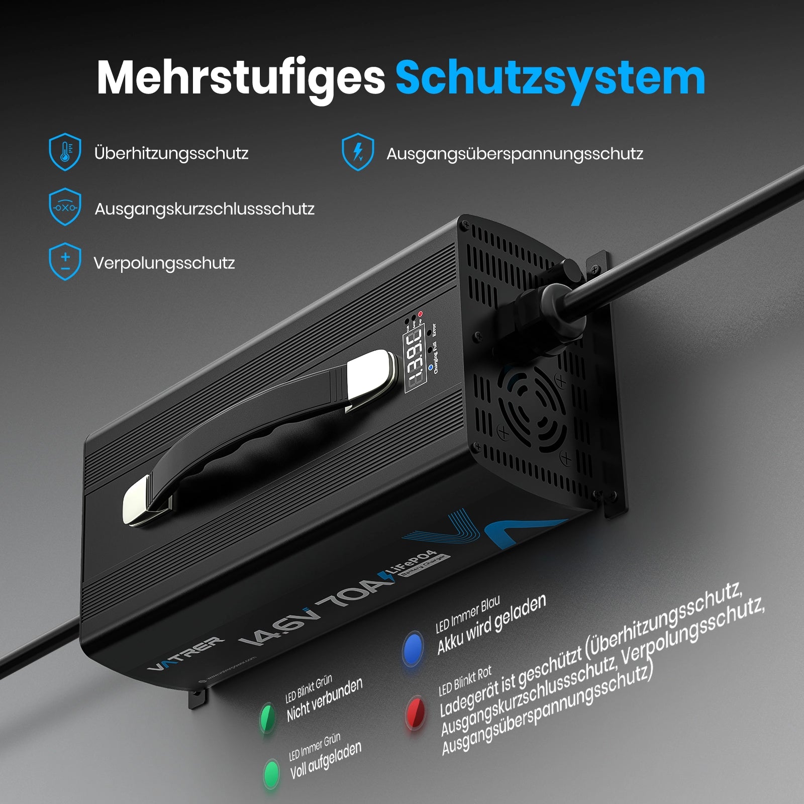 Vatrer 14,6V 70A schnelles AC-DC 12V LiFePO4-Akkuladegerät